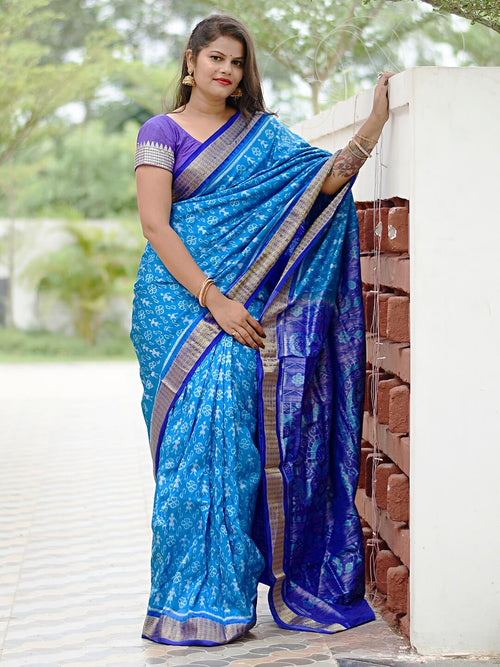 Blueberry Blue Pure Silk Tissue Sambalpuri Saree with Flower & Tribal Ikat Motifs