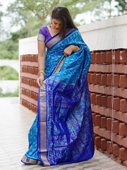 SATIKA BLUEBERRY BLUE PURE SILK AND TISSUE SAMBALPURI PATA SAREE