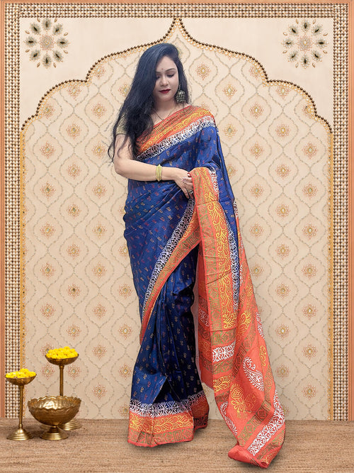 Dark Blue and Orange Art Silk Saree with Printed Border & Pallu