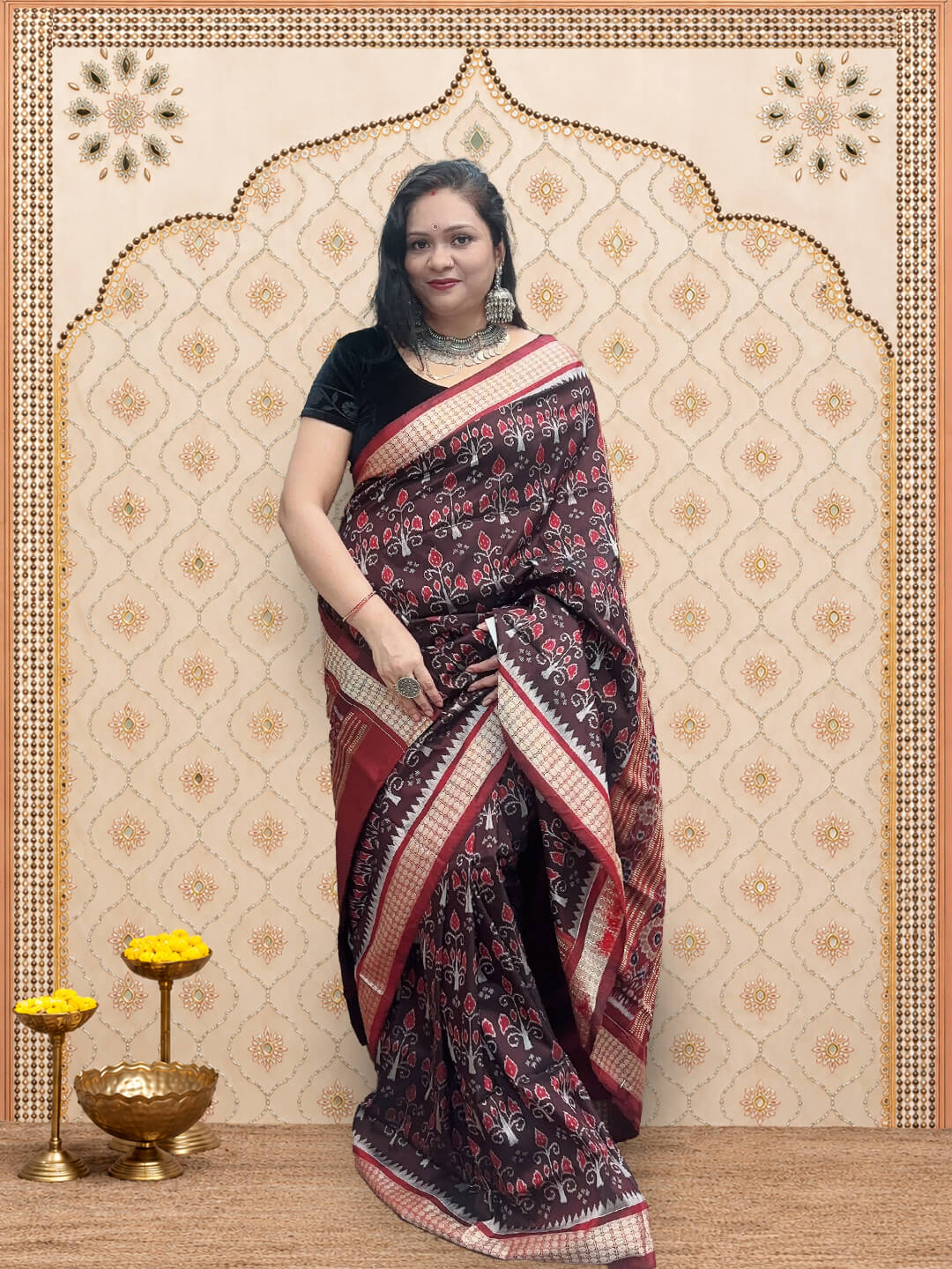 Deep Brown Elegance Sambalpuri Saree