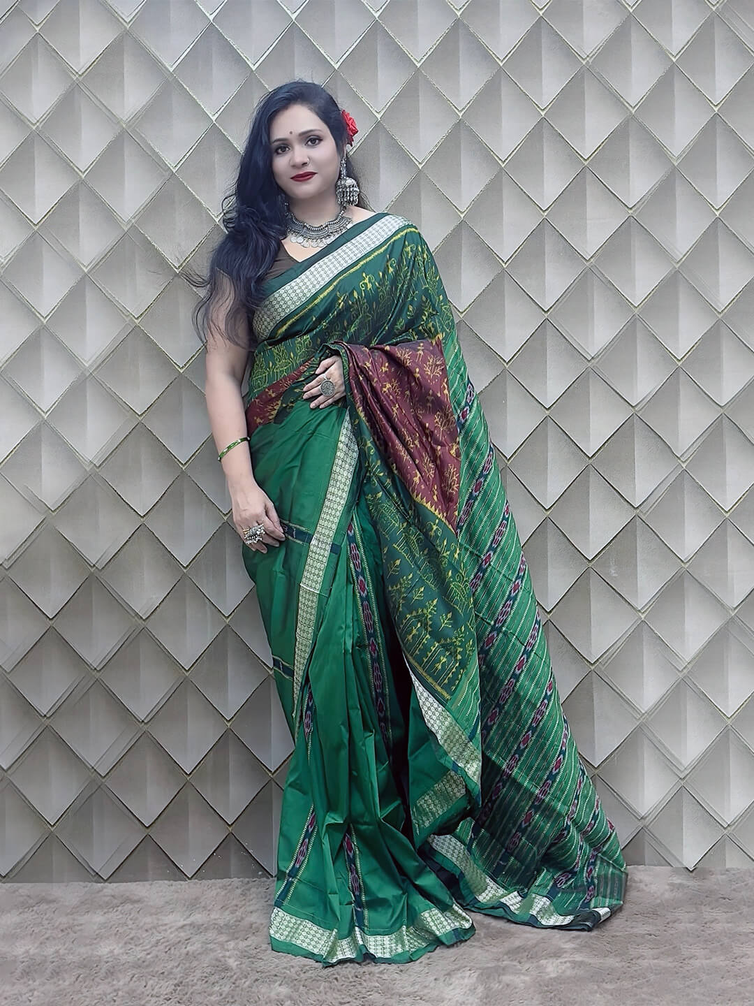 Dhara Patli- Brown and Green With Tribal motifs Sambalpuri Patli Silk Saree