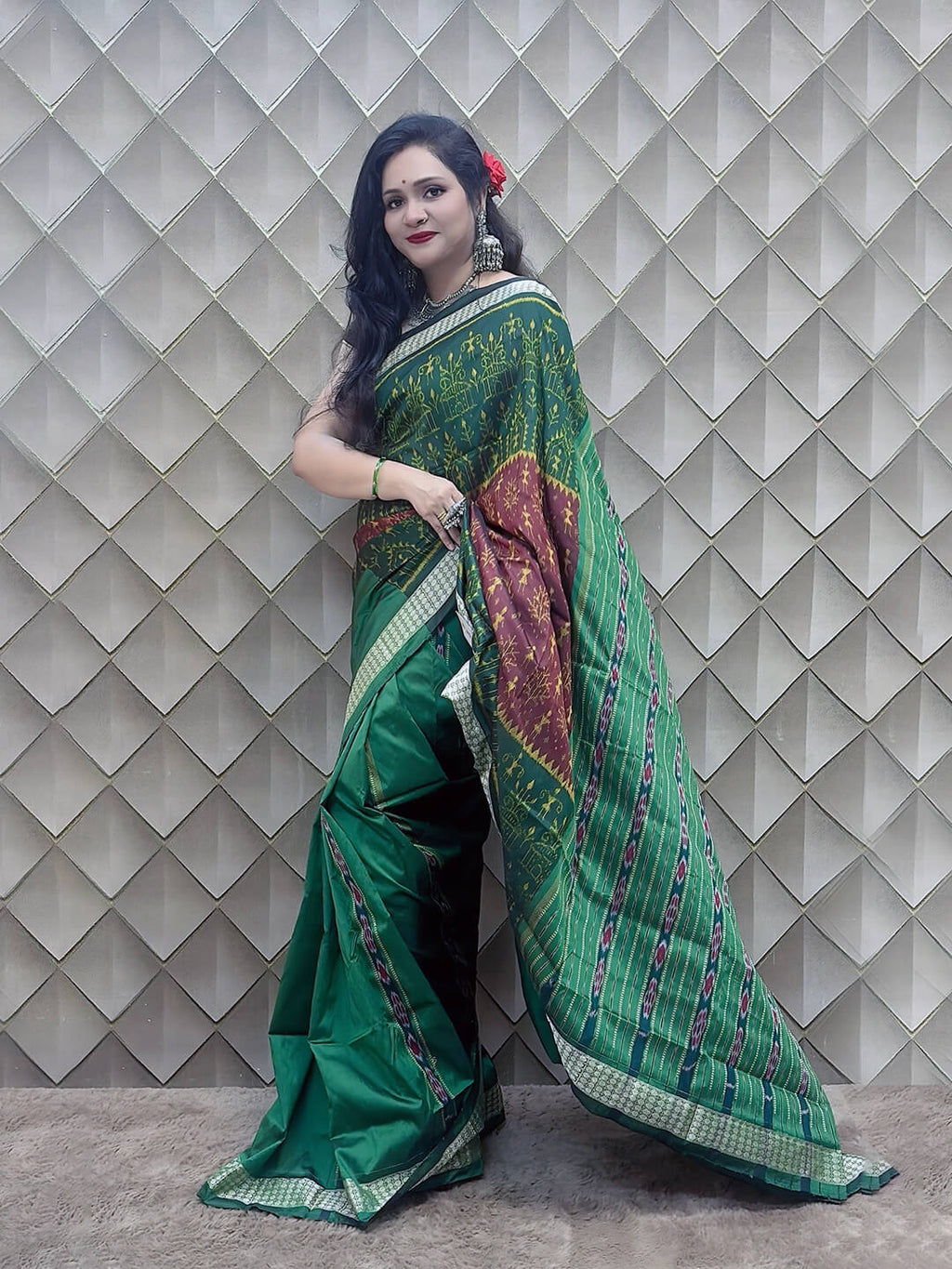 Dhara Patli- Brown and Green With Tribal motifs Sambalpuri Patli Silk Saree