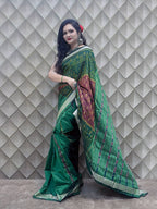 Dhara Patli- Brown and Green With Tribal motifs Sambalpuri Patli Silk Saree