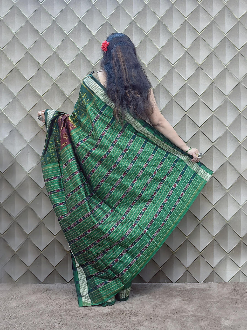 Dhara Patli- Brown and Green With Tribal motifs Sambalpuri Patli Silk Saree