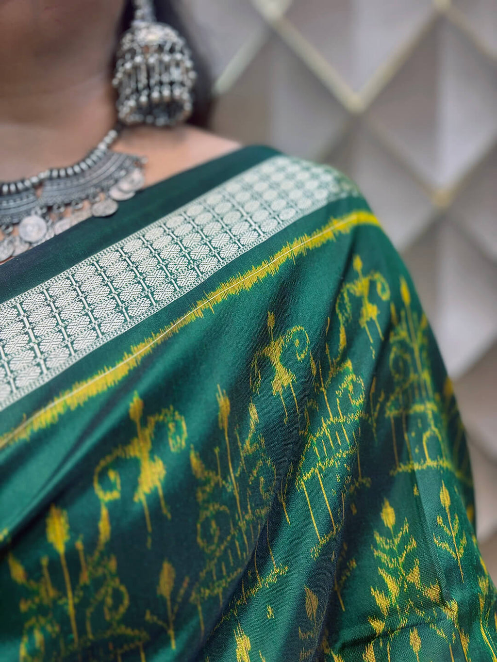 Dhara Patli- Brown and Green With Tribal motifs Sambalpuri Patli Silk Saree