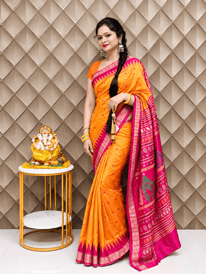 Dolabedi Kanak Kiran Sambalpuri Silk Saree with Ikat Motifs & Contrast Pallu