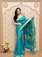 Green Linen Saree with Zari Border