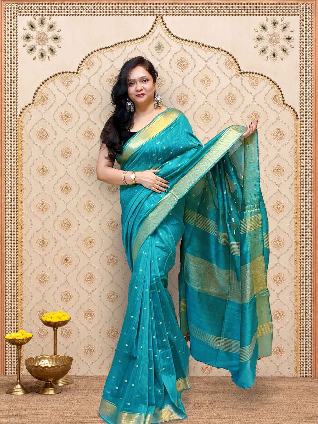 Green Linen Saree with Zari Border