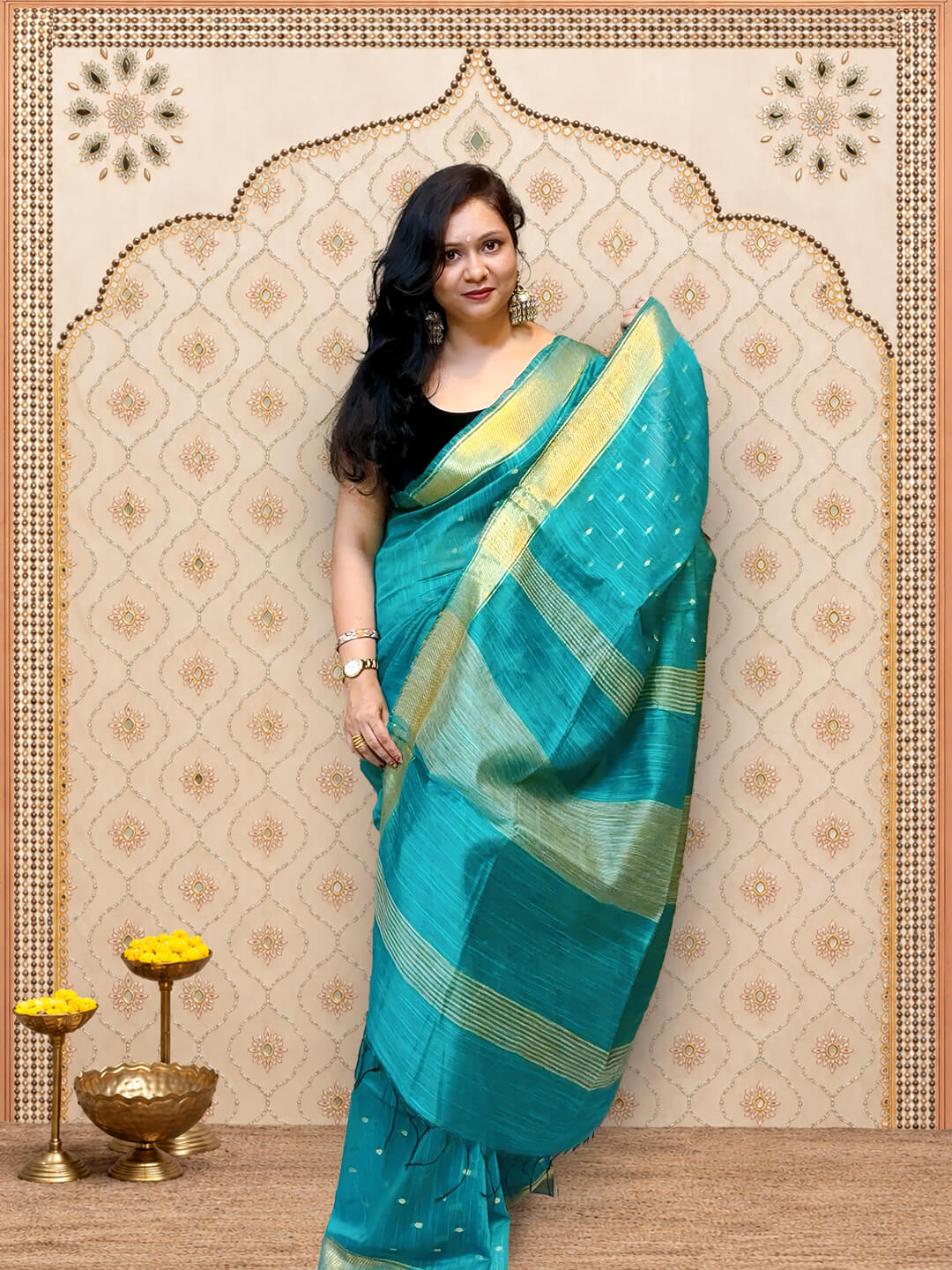 Green Linen Saree with Zari Border