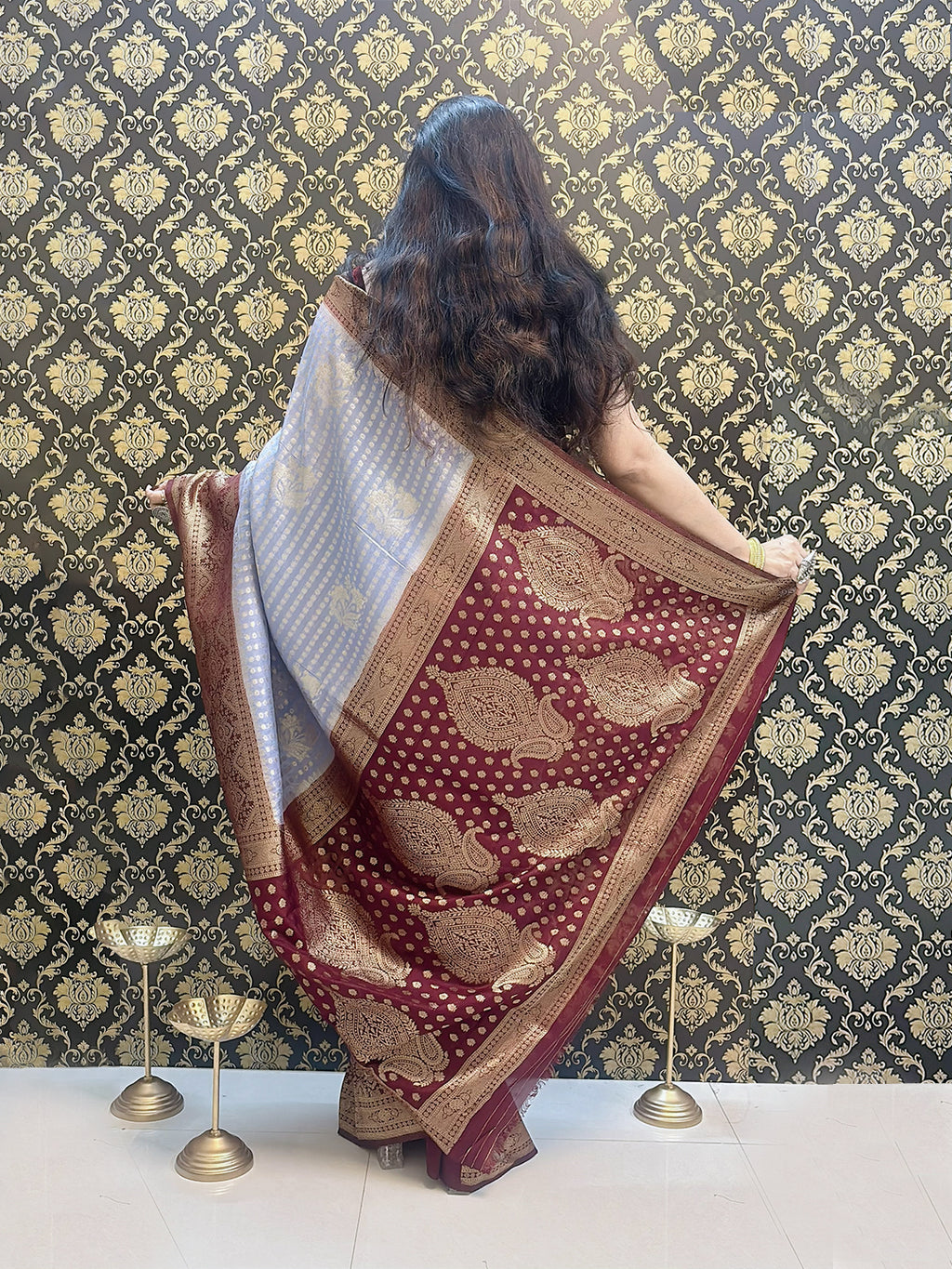 Greyish Blue And Dark Blue Silk Saree