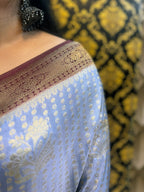 Greyish Blue And Dark Blue Silk Saree