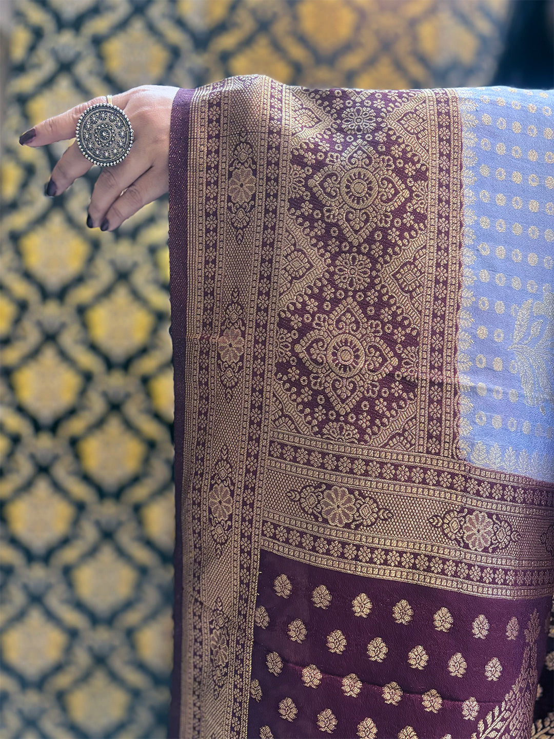 Greyish Blue And Dark Blue Silk Saree