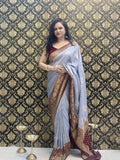 Greyish Blue And Dark Blue Silk Saree