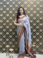 Greyish Blue And Dark Blue Silk Saree