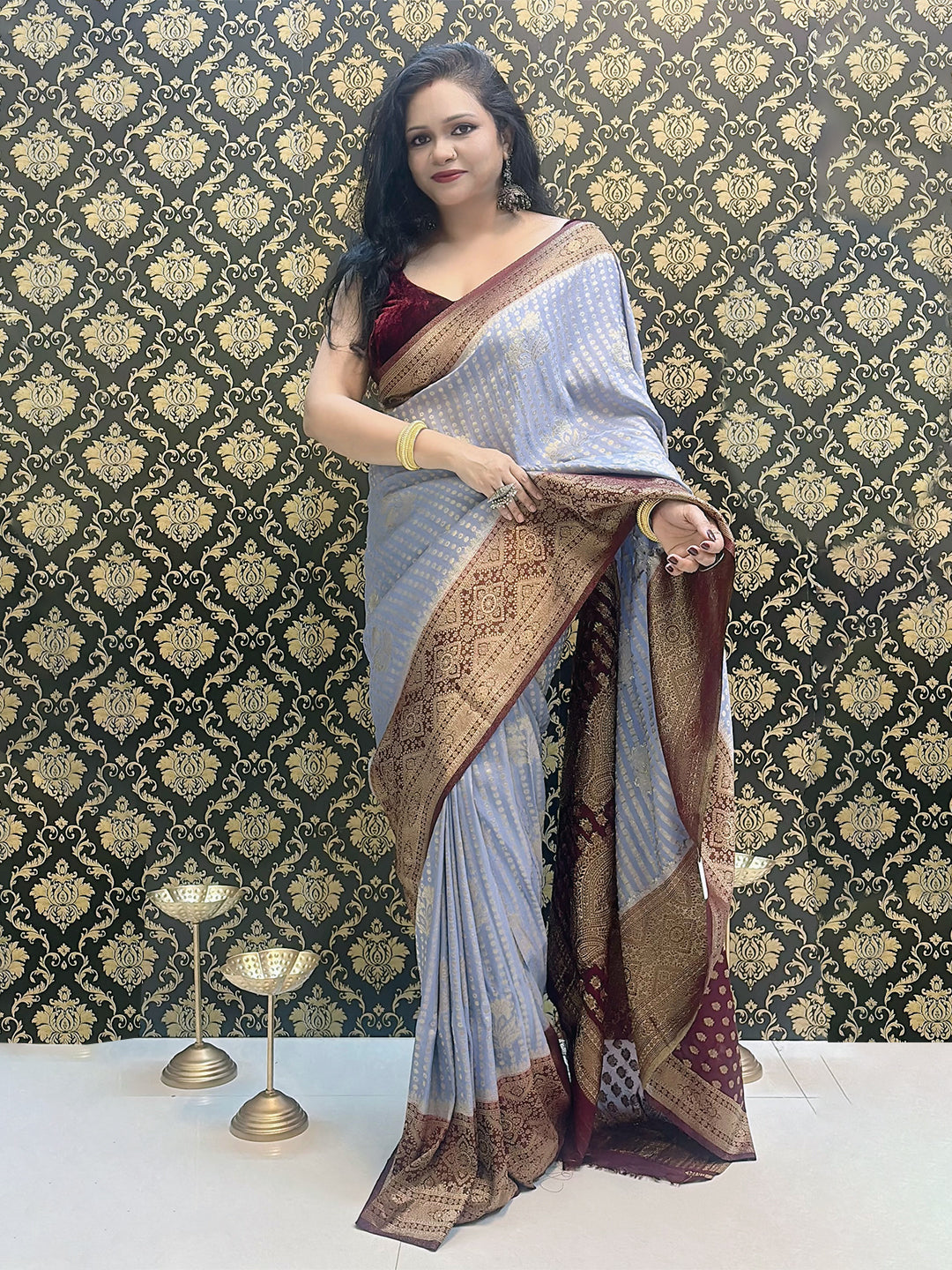 Greyish Blue And Dark Blue Silk Saree