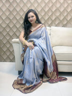 Greyish Blue And Dark Blue Silk Saree