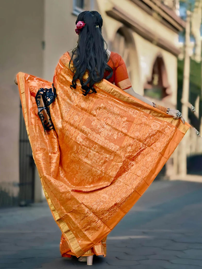 Surya Ratri Black Orange Sambalpuri Pure Silk Half-Tissue Saree with Tissue Pallu