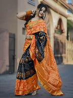 Surya Ratri Black Orange Sambalpuri Pure Silk Half-Tissue Saree with Tissue Pallu