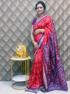Keshar Pushpa Raspberry Pink Patta Silk Saree with Intricate Motifs & Purple Border
