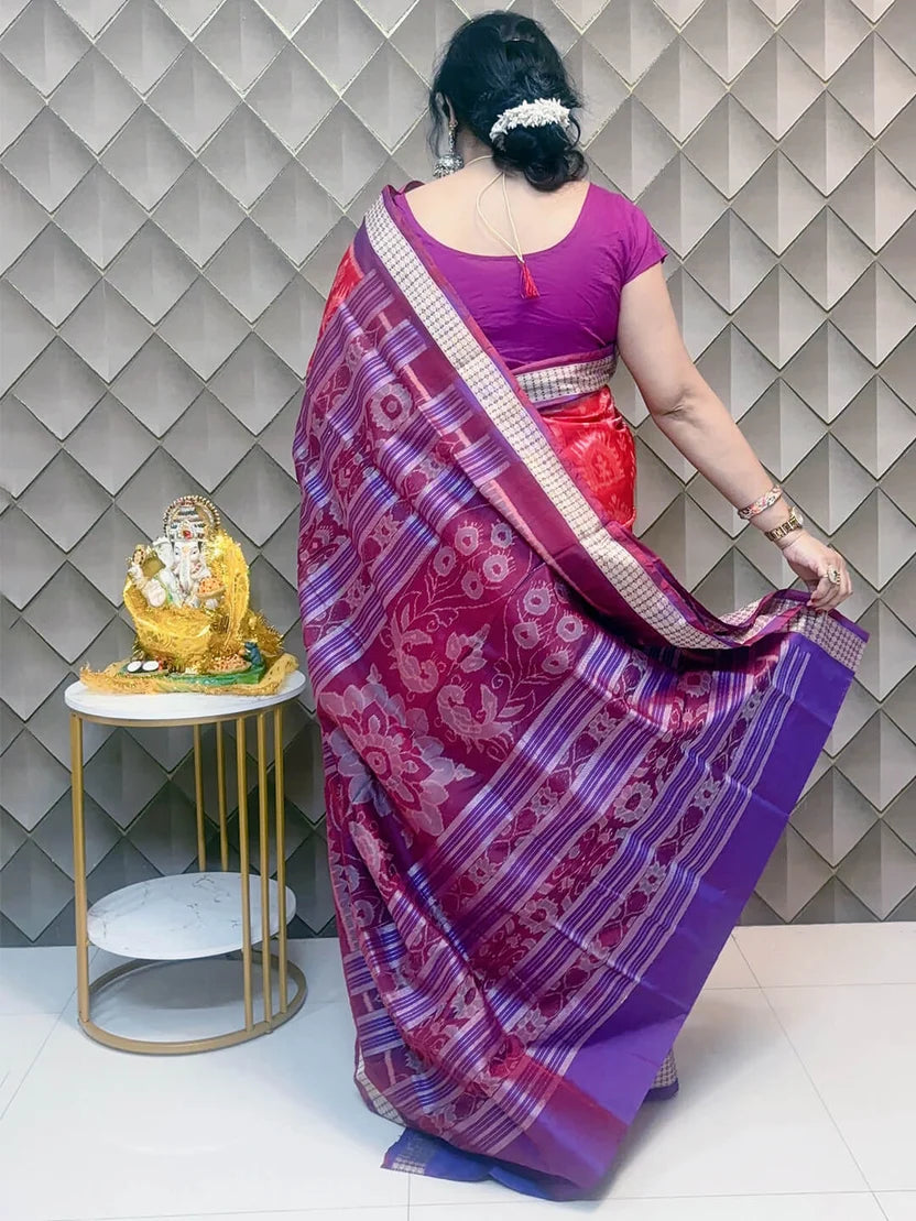 Keshar Pushpa Raspberry Pink Patta Silk Saree with Intricate Motifs & Purple Border