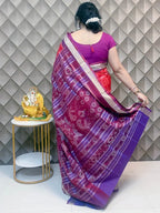 Keshar Pushpa Raspberry Pink Patta Silk Saree with Intricate Motifs & Purple Border