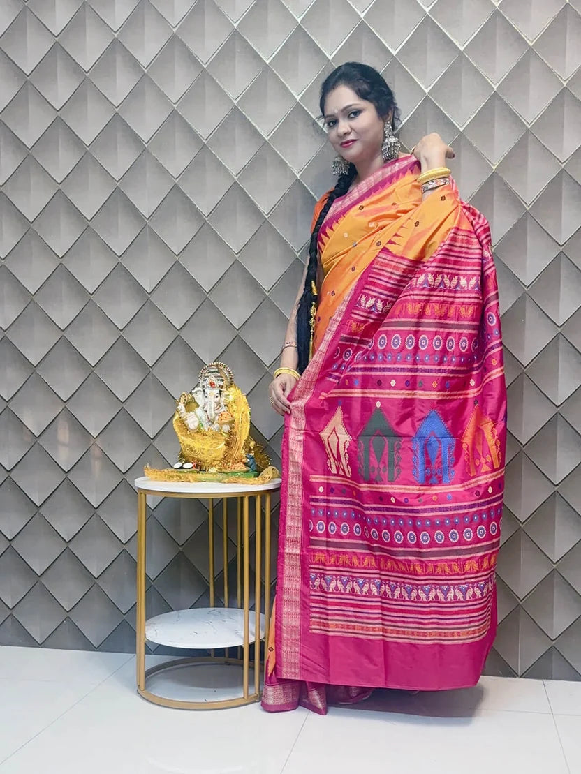 Dolabedi Kanak Kiran Sambalpuri Silk Saree with Ikat Motifs & Contrast Pallu