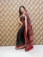 Rajnigandha Black Silver Sambalpuri Patta Silk Saree with Silver Leaf Motifs & Maroon Pallu