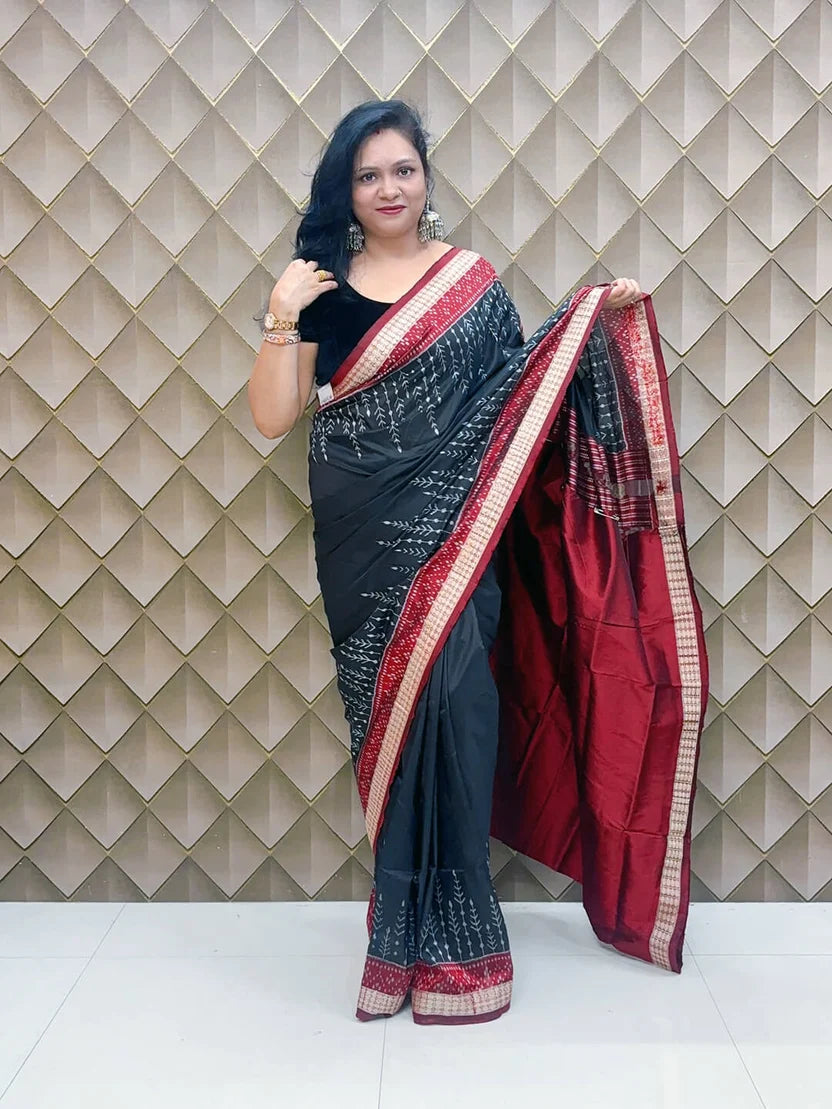 Rajnigandha Black Silver Sambalpuri Patta Silk Saree with Silver Leaf Motifs & Maroon Pallu