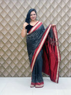 Rajnigandha Black Silver Sambalpuri Patta Silk Saree with Silver Leaf Motifs & Maroon Pallu