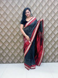 Rajnigandha Black Silver Sambalpuri Patta Silk Saree with Silver Leaf Motifs & Maroon Pallu
