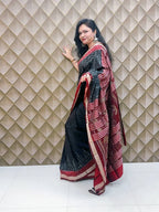 Rajnigandha Black Silver Sambalpuri Patta Silk Saree with Silver Leaf Motifs & Maroon Pallu
