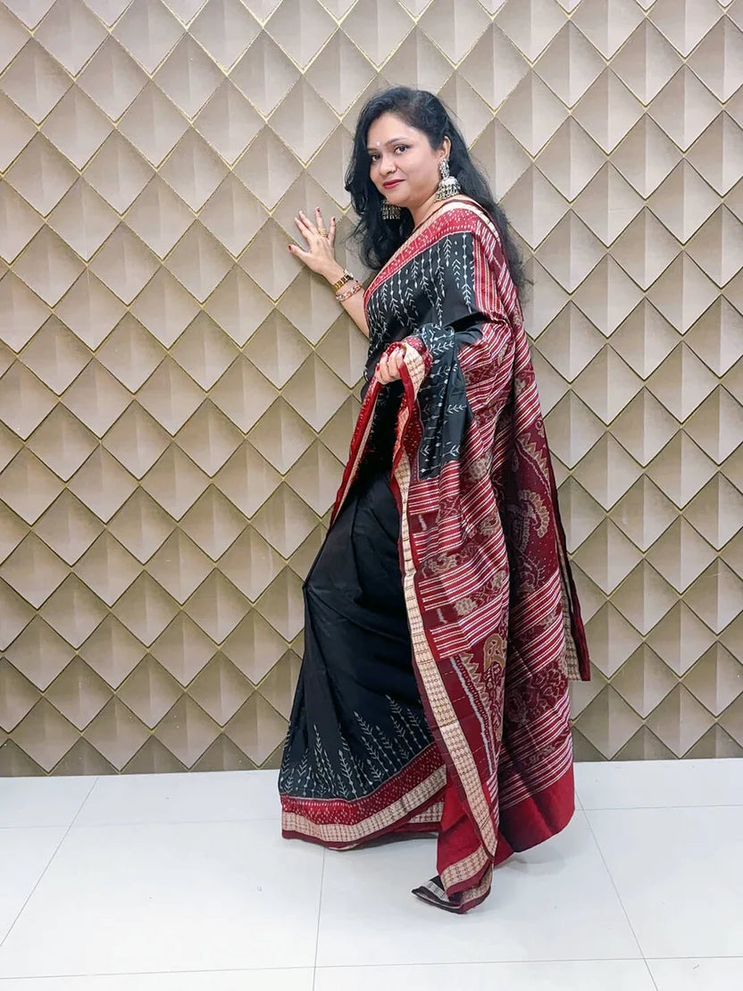 Rajnigandha Black Silver Sambalpuri Patta Silk Saree with Silver Leaf Motifs & Maroon Pallu