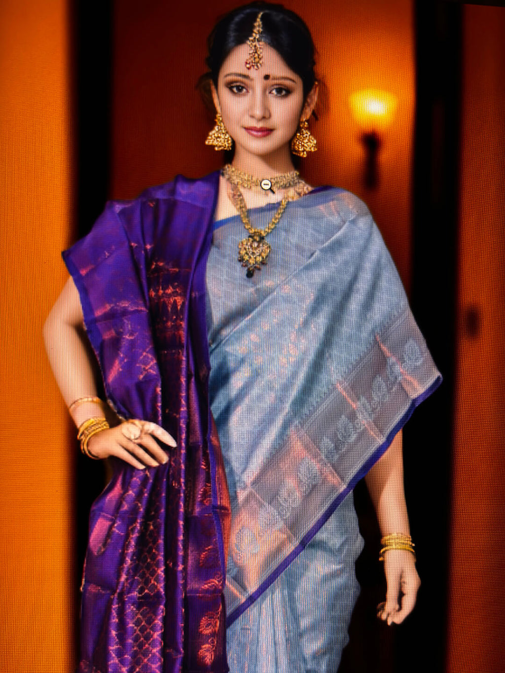 LIGHT BLUE & PURPLE COTTON SAREE