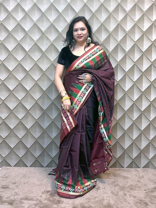 Deep Brown Maroon Pasapali Sambalpuri Patta Saree with Maroon Pallu