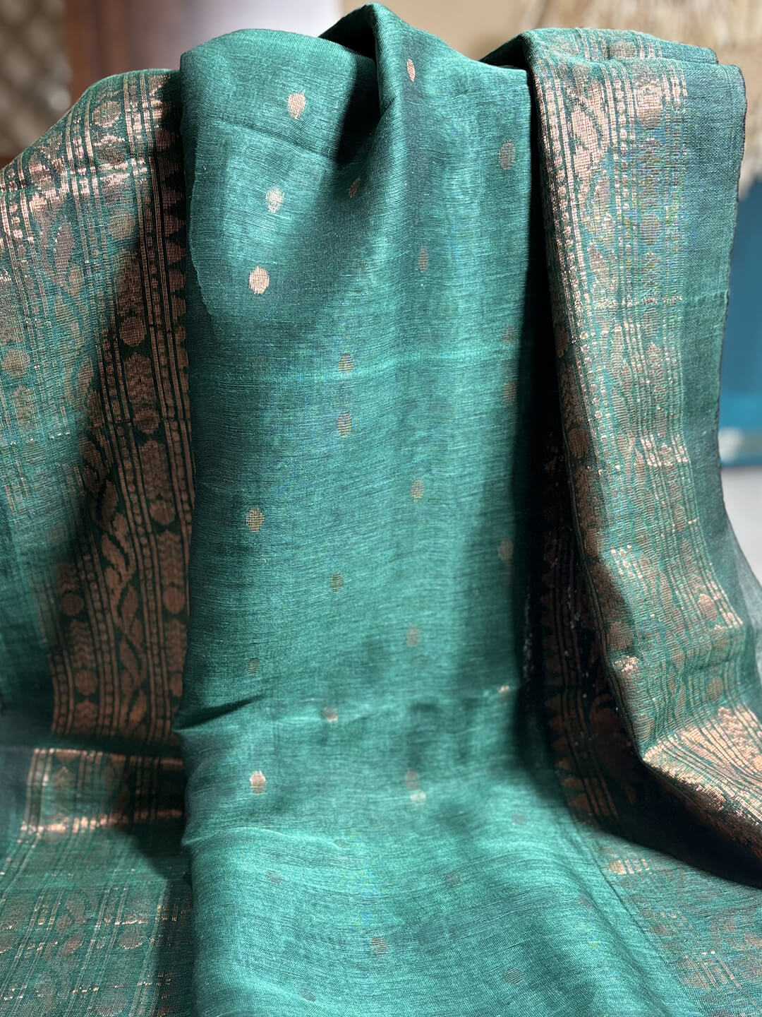 EMERALD GREEN ZARI LINEN SAREE