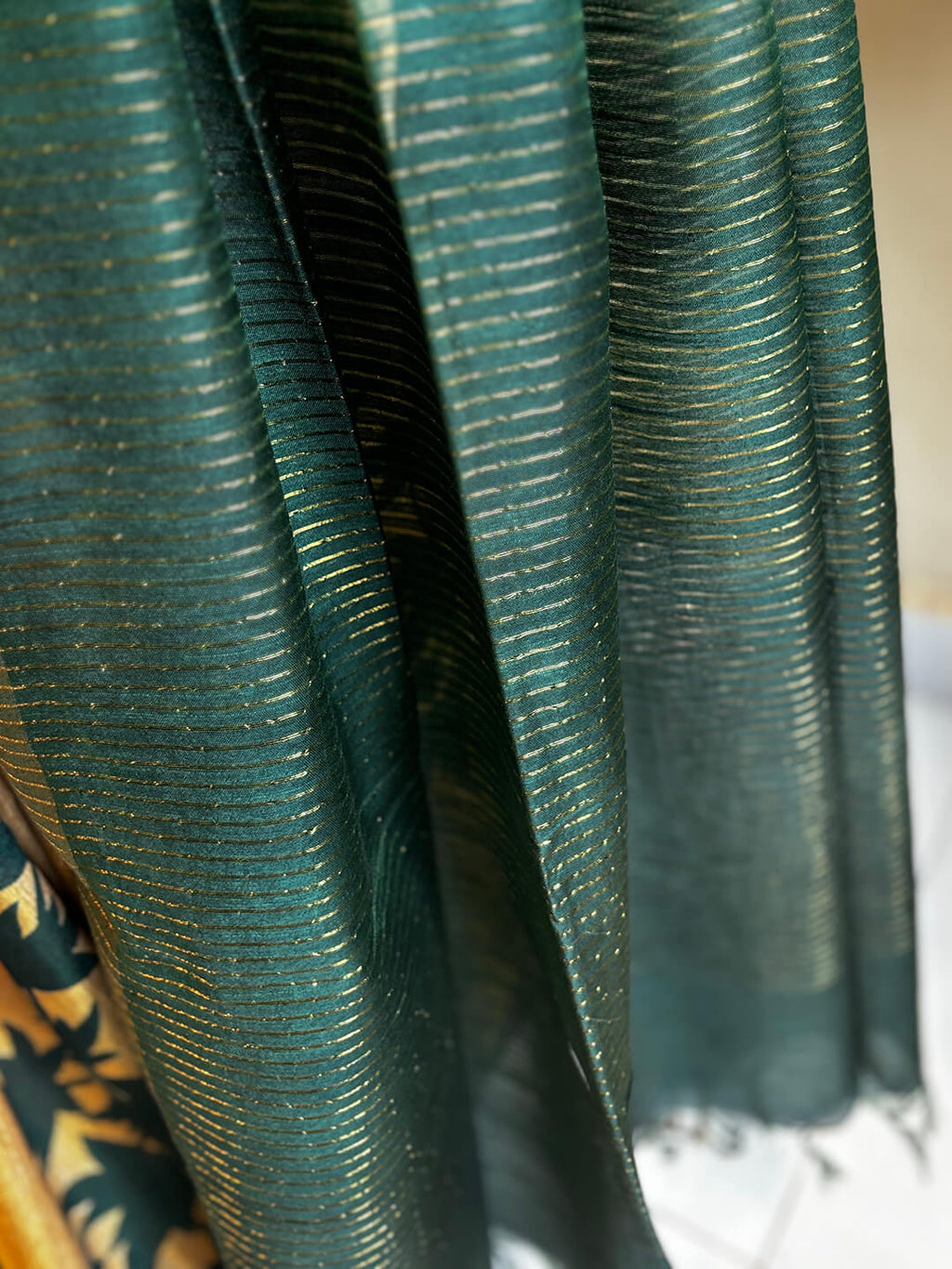 TASSAR GHICHA GREEN PRINTED SAREE