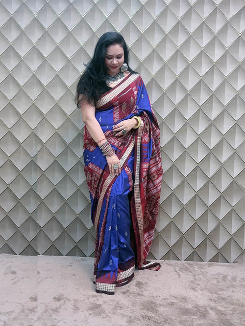 BLUE AND RED SAMBALPURI SILK SAREE