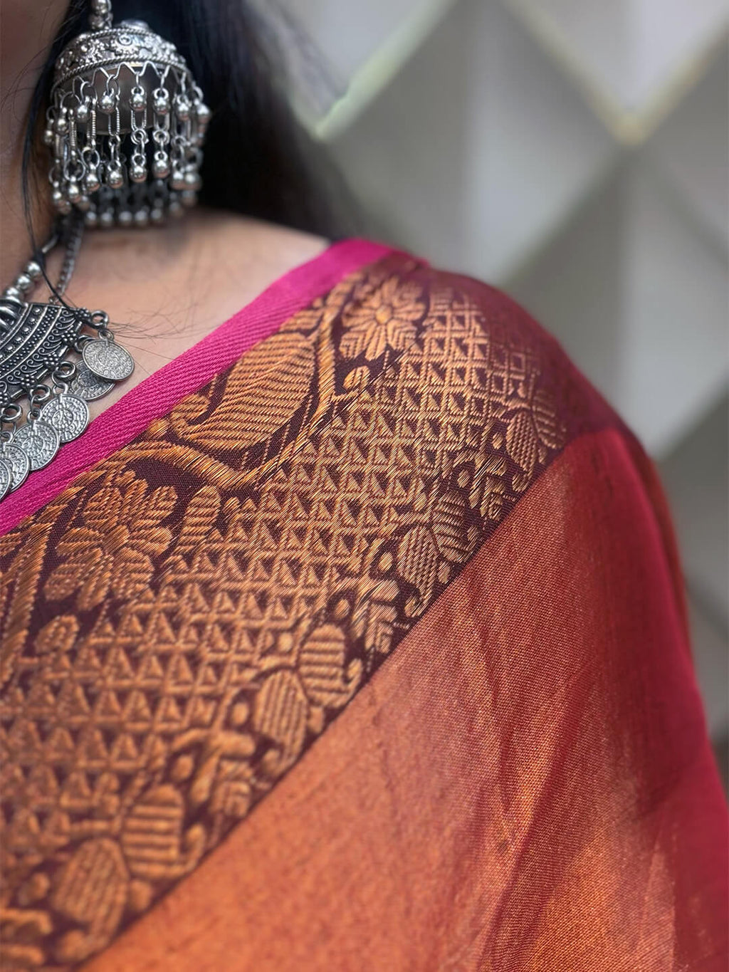METALLIC BRICK RED WITH GOLDEN BORDER TISSUE SAREE