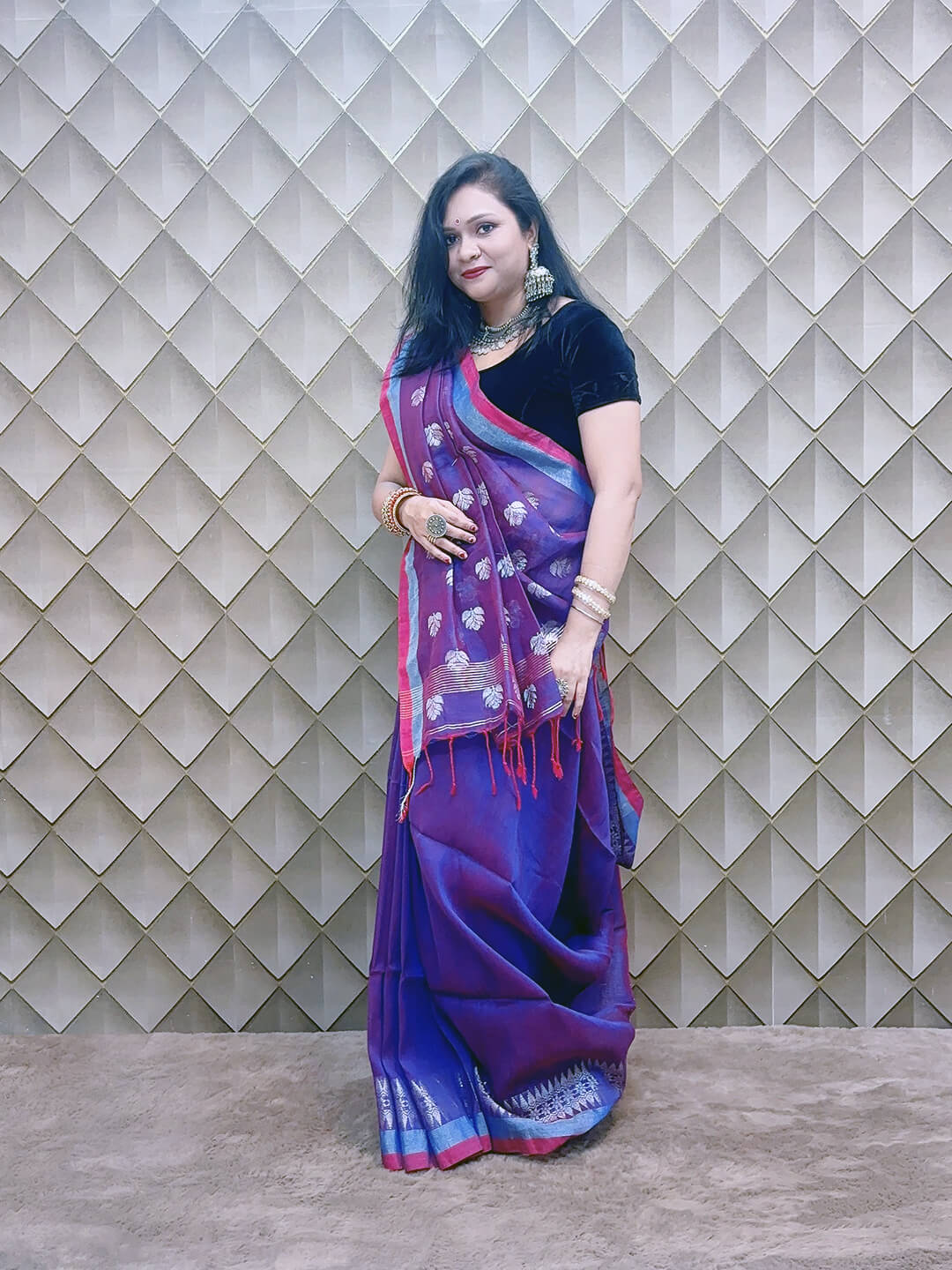 ROYAL PURPLE AND SILVER LINEN SAREE