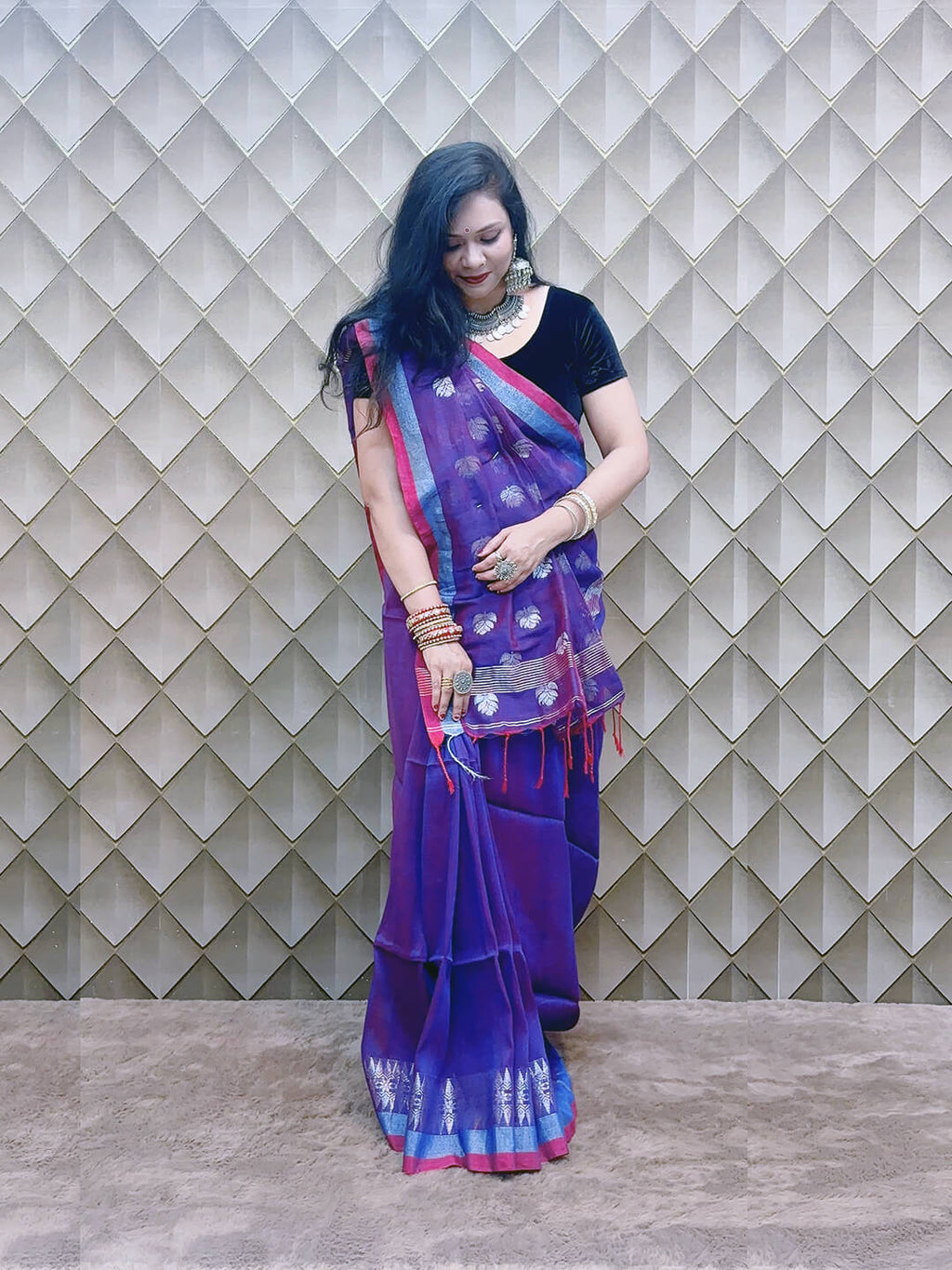 ROYAL PURPLE AND SILVER LINEN SAREE