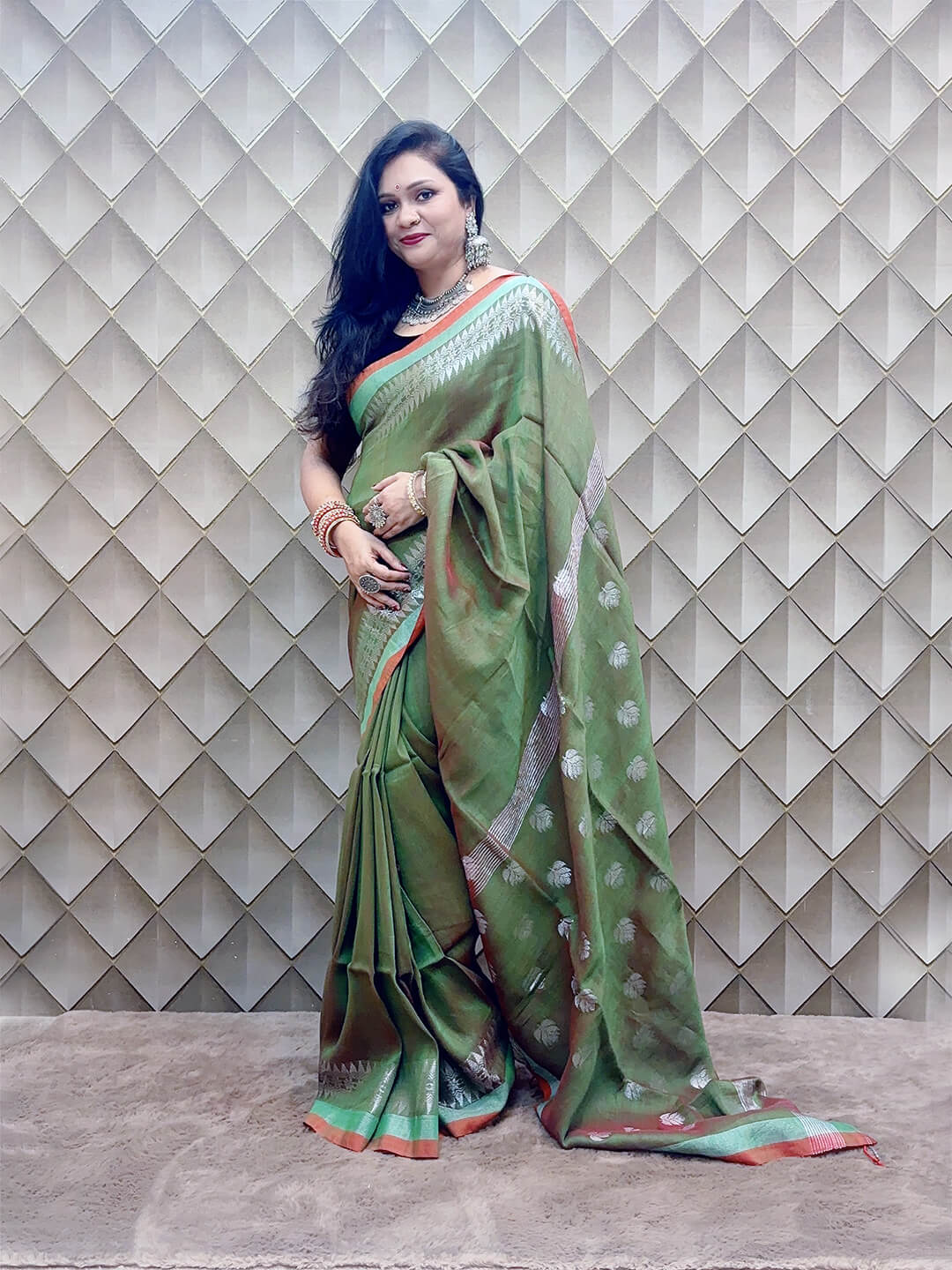 OLIVE GREEN AND SILVER LENIN SAREE