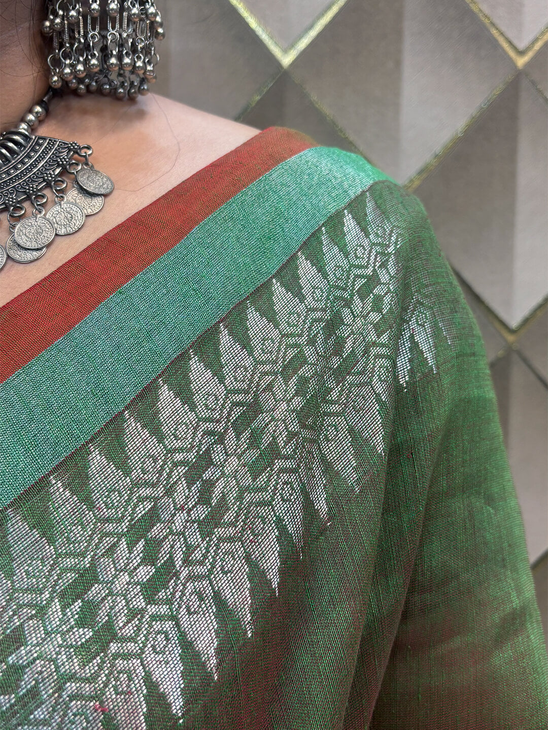 OLIVE GREEN AND SILVER LENIN SAREE