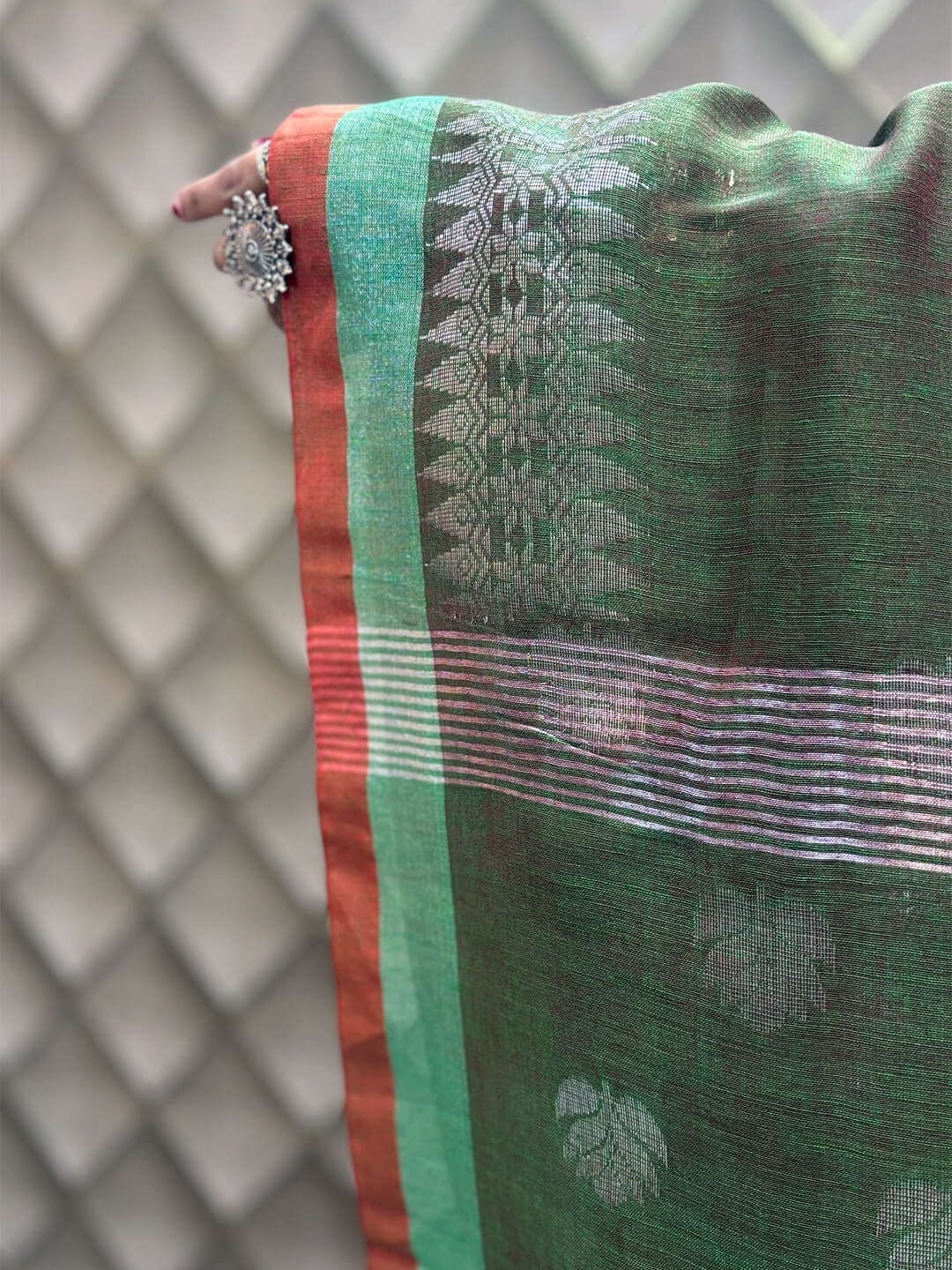 OLIVE GREEN AND SILVER LENIN SAREE