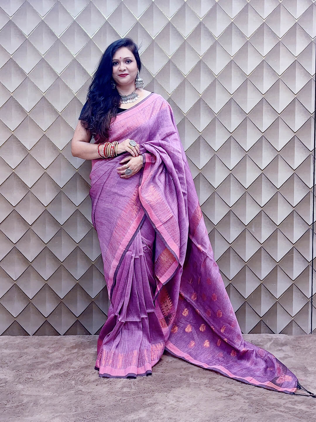 LIGHT PURPLE AND GOLDEN LINEN SAREE