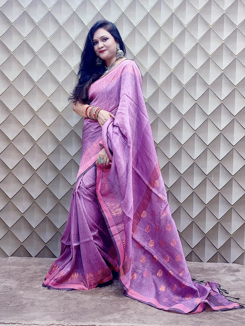 LIGHT PURPLE AND GOLDEN LINEN SAREE