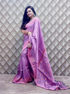 LIGHT PURPLE AND GOLDEN LINEN SAREE