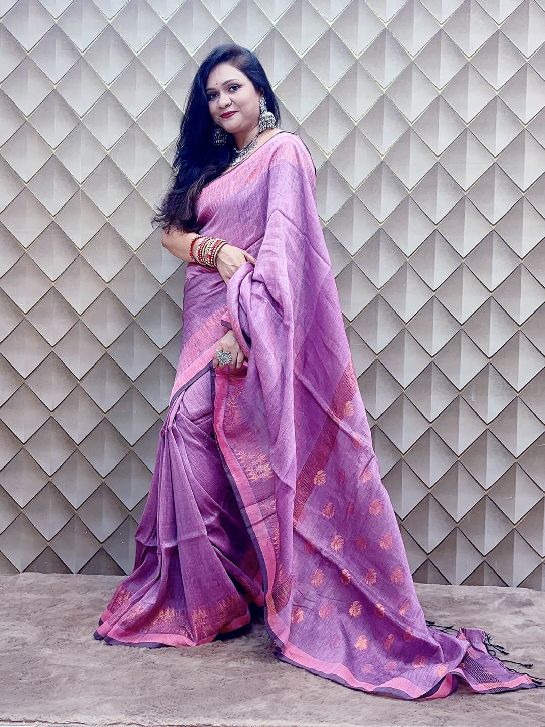 LIGHT PURPLE AND GOLDEN LINEN SAREE