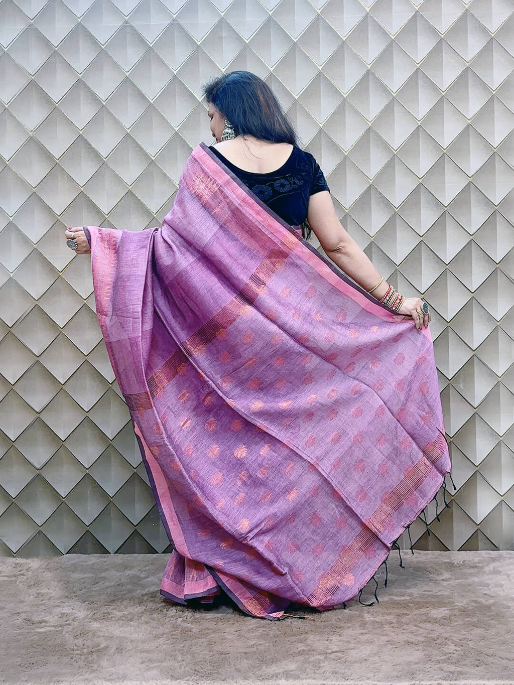 LIGHT PURPLE AND GOLDEN LINEN SAREE