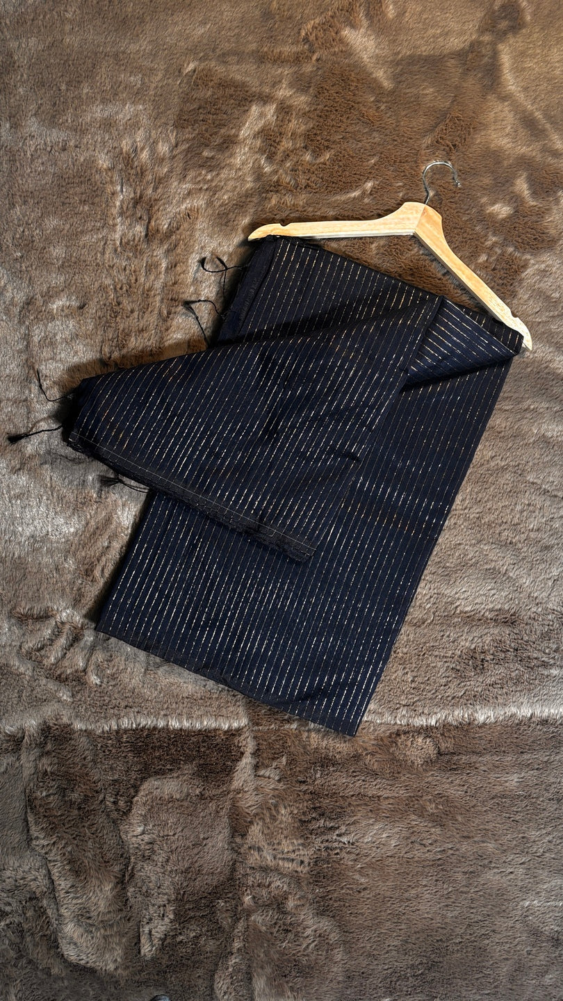 DARK BLUE AND GOLD STRIKE COTTON SAREE