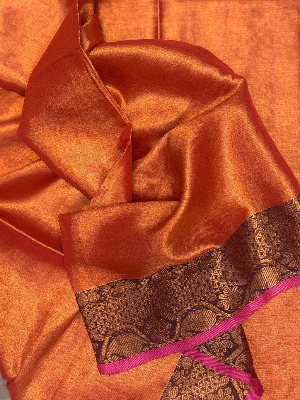 METALLIC BRICK RED WITH GOLDEN BORDER TISSUE SAREE